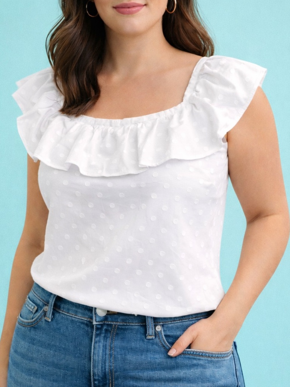 Ann Taylor White Swiss Dot Ruffle Blouse L Romantic Feminine Top